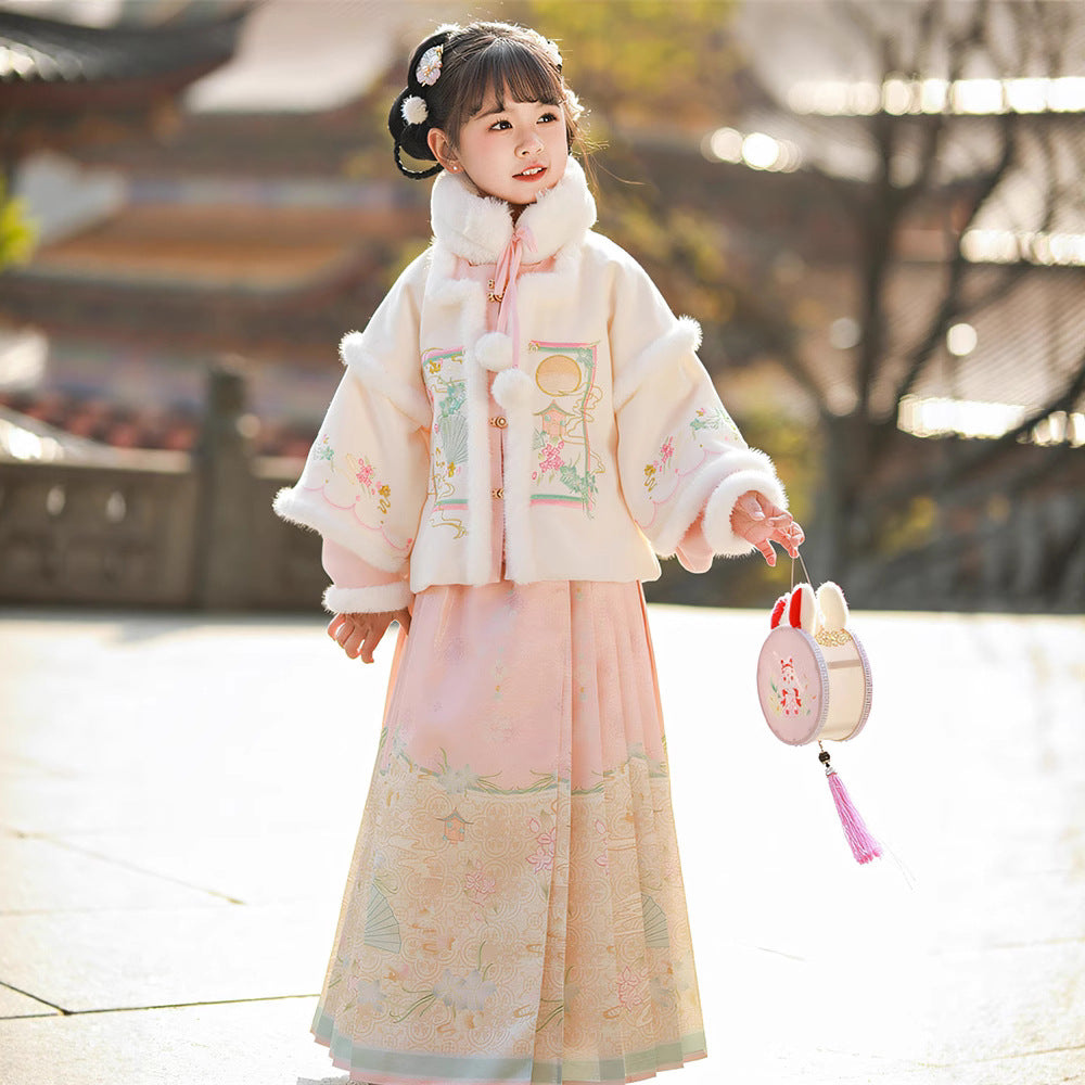 Ming Dynasty Girl's Mamian Skirt Yuanyou 园游 Children's Chinese Velvet Traditional Clothing Hanfu Suit
