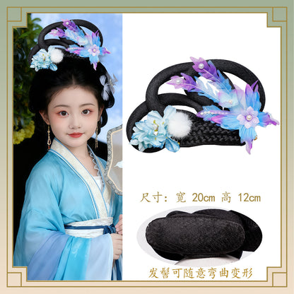Kid's Traditional Chinese Hairstyle Wig Change 嫦娥 Hanfu Historical Royal Hairpieces