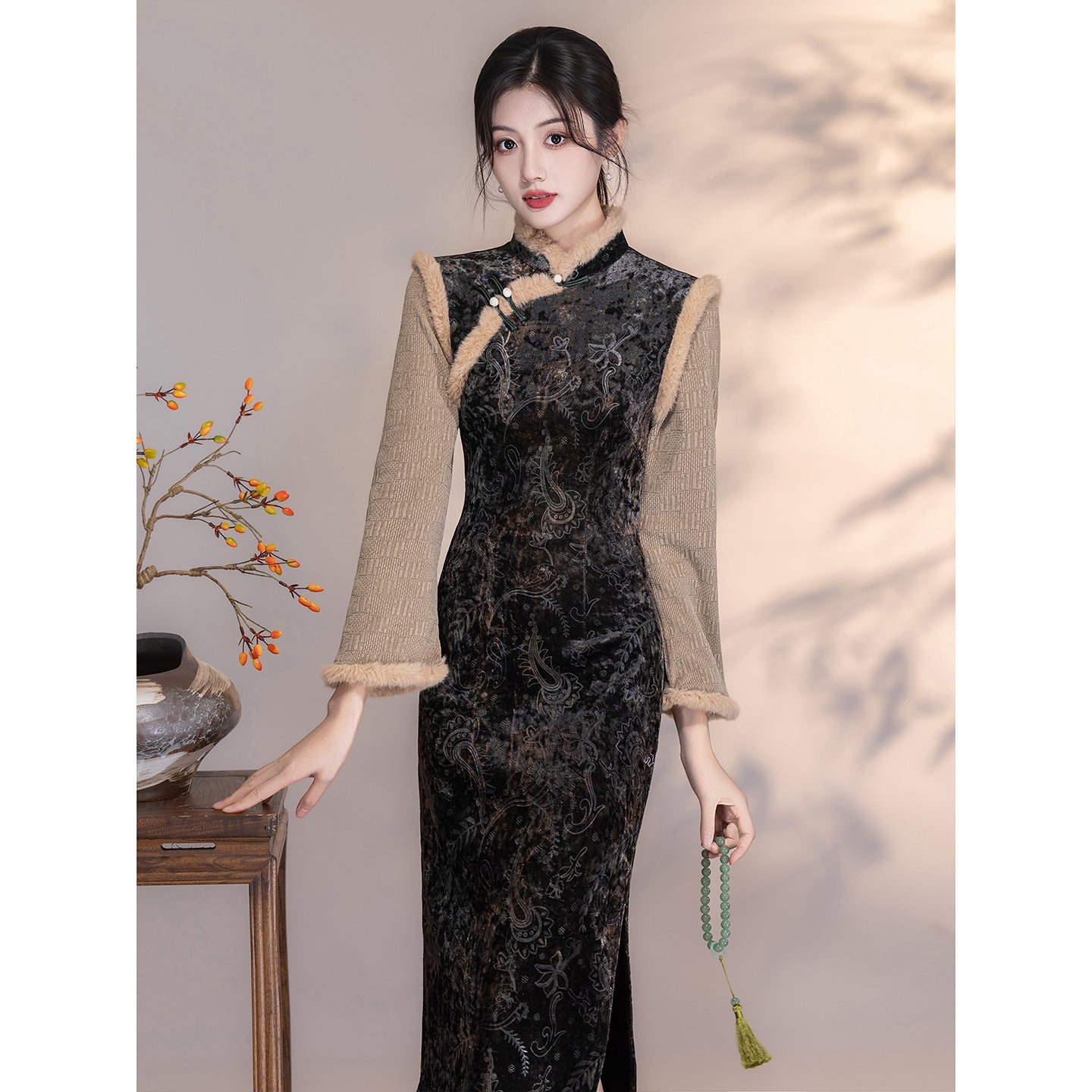 Women's Qipao Guitianle 归田乐 Asian Thicken Dress Chinese Modern Hanfu Clothing Velvet Cheongsam Winter
