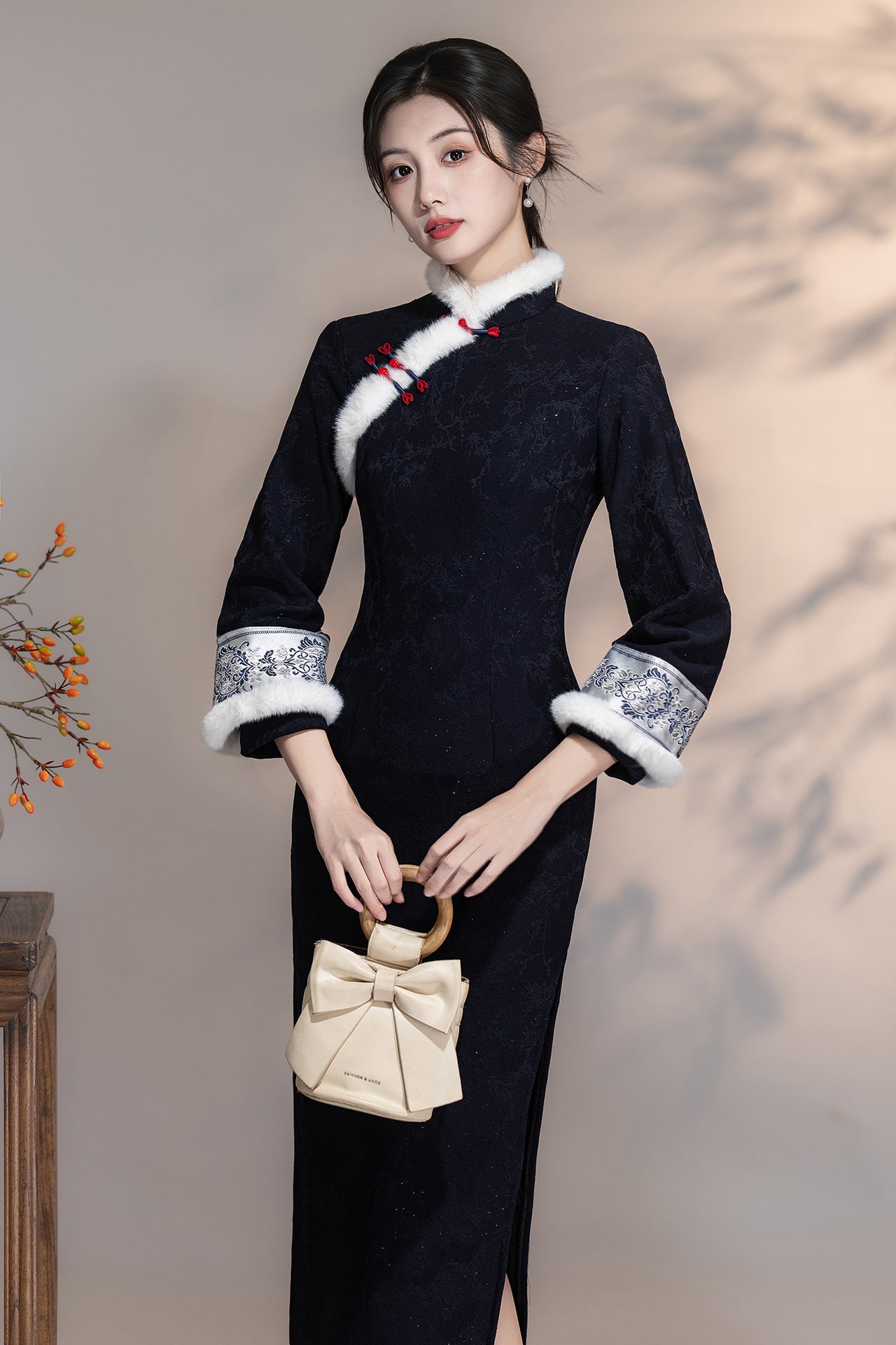 Women's Qipao Qinghua 青花 Asian Thicken Dress Chinese Modern Hanfu Clothing Velvet Cheongsam Winter