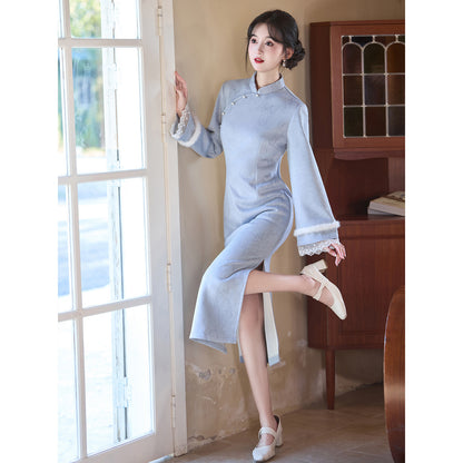 Women's Qipao Lanman 蓝蔓 Asian Dress Chinese Thicken Modern Hanfu Clothing Velvet Cheongsam