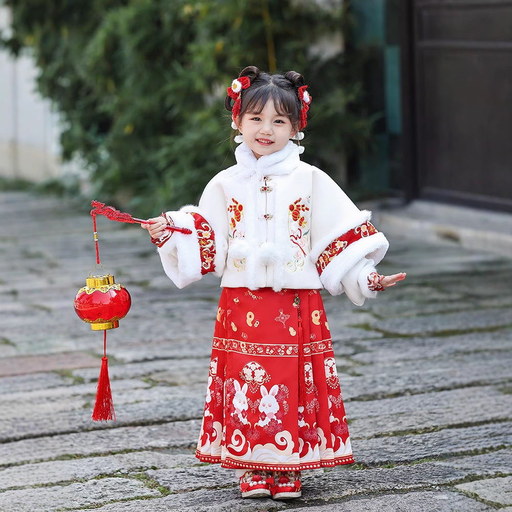 Children's Traditional Clothing Yutu 玉兔 Chinese Lunar New Year Velvet Hanfu Suit