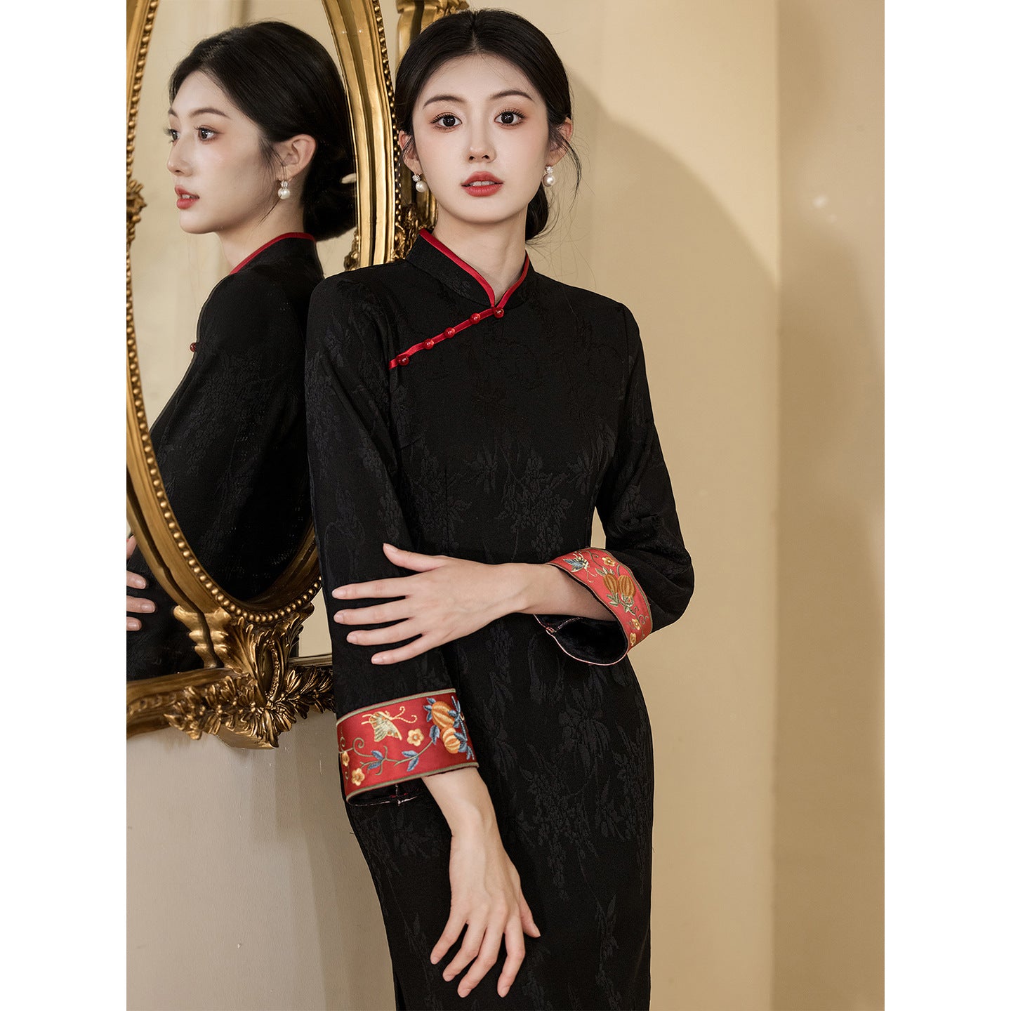 Women's Qipao Manyue 满月 Asian Dress Chinese Thicken Modern Hanfu Clothing Velvet Cheongsam Winter Autumn
