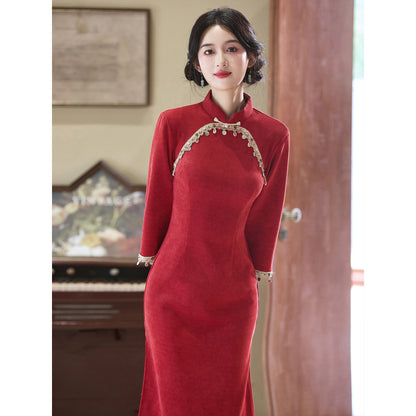 Women's Qipao Xiangling 香菱 Asian Thicken Dress Chinese Modern Hanfu Clothing Velvet Cheongsam Winter