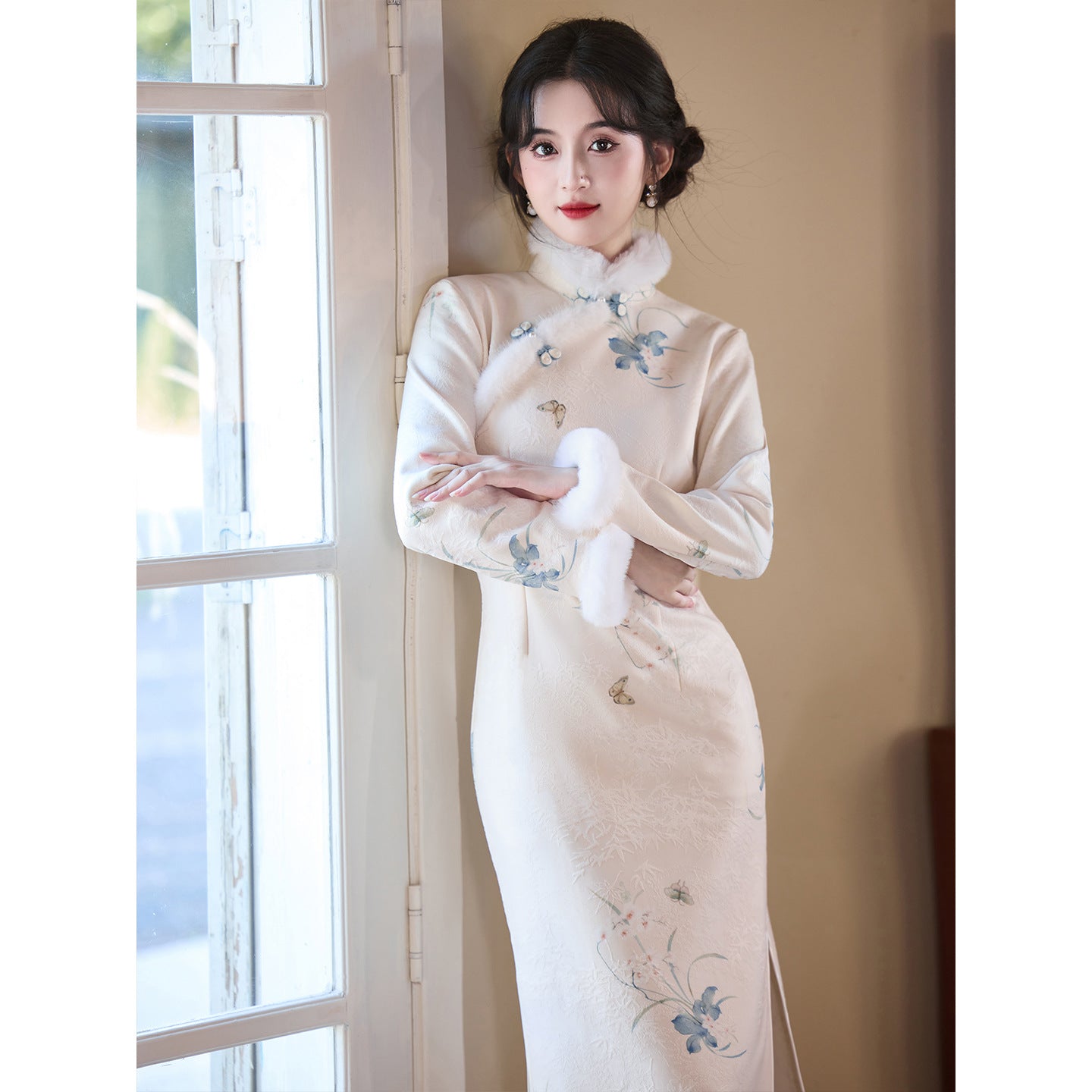Women's Qipao Landiexue 蓝蝶雪 Asian Thicken Dress Chinese Modern Hanfu Clothing Velvet Cheongsam Winter