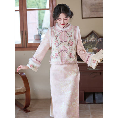 Women's Qipao Yuewanning 月腕凝 Asian Thicken Dress Chinese Modern Hanfu Clothing Velvet Cheongsam Winter