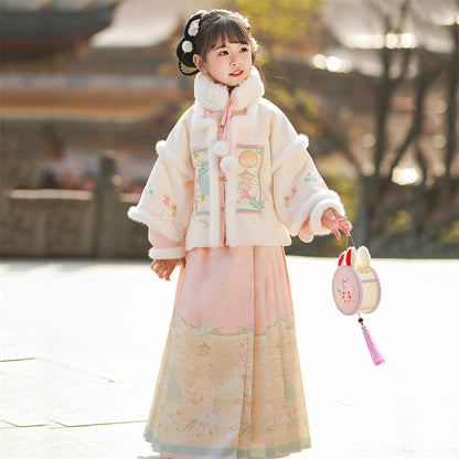 Ming Dynasty Girl's Mamian Skirt Yuanyou 园游 Children's Chinese Velvet Traditional Clothing Hanfu Suit