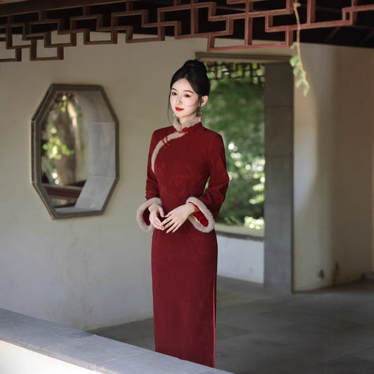 Women's Qipao Cijiu 辞旧 Asian Thicken Dress Chinese Modern Hanfu Clothing Velvet Cheongsam Winter