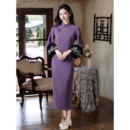 Women's Qipao Shixu 时叙 Asian Thicken Dress Chinese Modern Hanfu Clothing Velvet Cheongsam Winter
