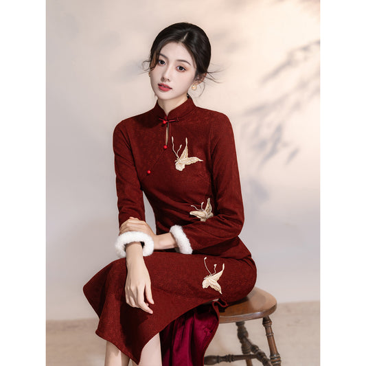 Women's Qipao Suiye 岁月 Asian Thicken Dress Chinese Modern Hanfu Clothing Velvet Cheongsam Winter