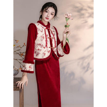 Women's Qipao Wangyue 望月 Asian Thicken Dress Chinese Modern Hanfu Clothing Velvet Cheongsam Winter