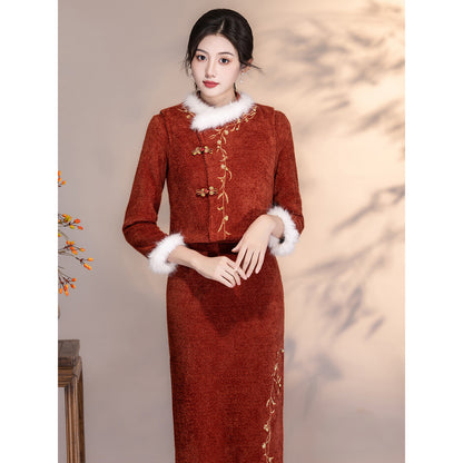 Women's Qipao Fengyin 风吟 Asian Thicken Dress Chinese Modern Hanfu Clothing Velvet Cheongsam Winter