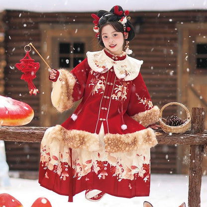 Ming Dynasty Girl's Mamian Skirt Linglu 灵鹿 Children's Traditional Clothing Chinese Lunar New Year Velvet Hanfu Suit