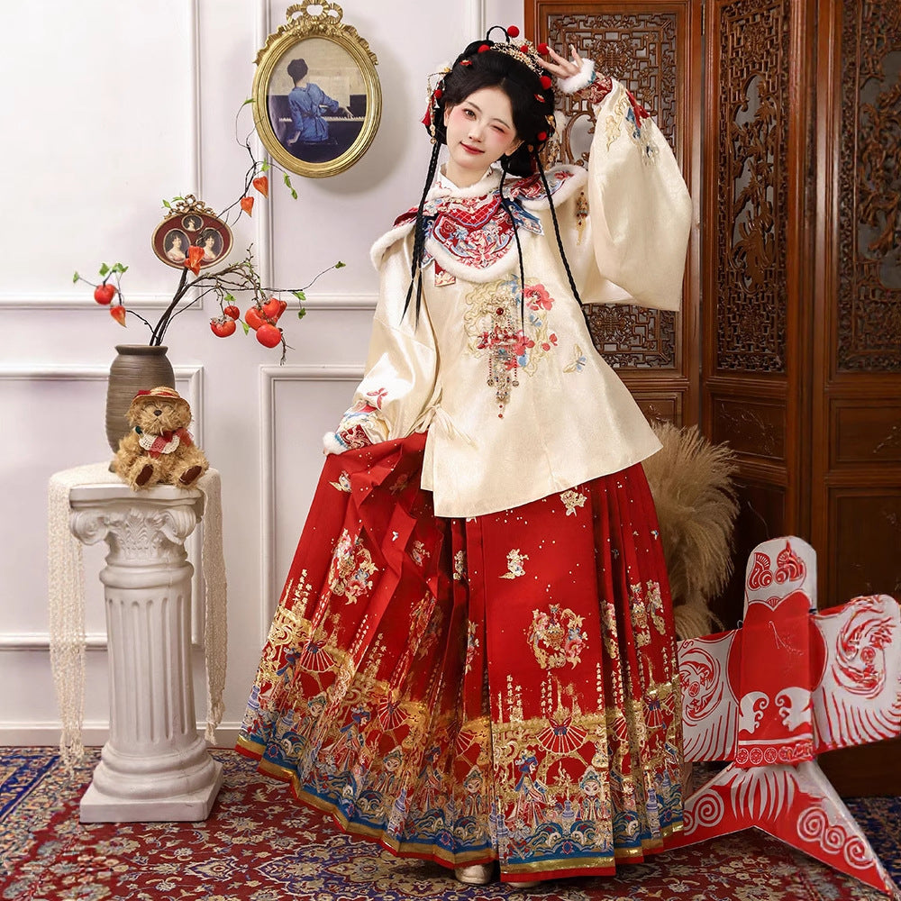 Ming Dynasty Mamian Clothing Ruyi 如意 Women's Chinese Traditional Thicken Velvet Lunar New Year Hanfu Autumn Winter