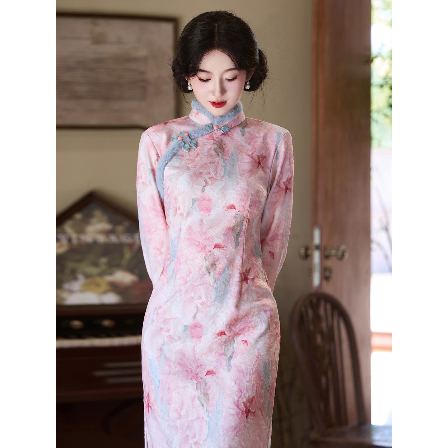 Women's Qipao Rose 玫瑰 Asian Thicken Dress Chinese Modern Hanfu Clothing Velvet Cheongsam Winter