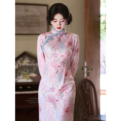 Women's Qipao Rose 玫瑰 Asian Thicken Dress Chinese Modern Hanfu Clothing Velvet Cheongsam Winter