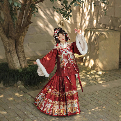 Ming Dynasty Mamian Clothing Linglong 灵龙 Women's Chinese Traditional Thicken Velvet Lunar New Year Hanfu Autumn Winter