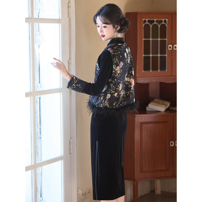 Women's Qipao Mobi 墨笔 Asian Thicken Dress Chinese Modern Hanfu Clothing Velvet Cheongsam Winter