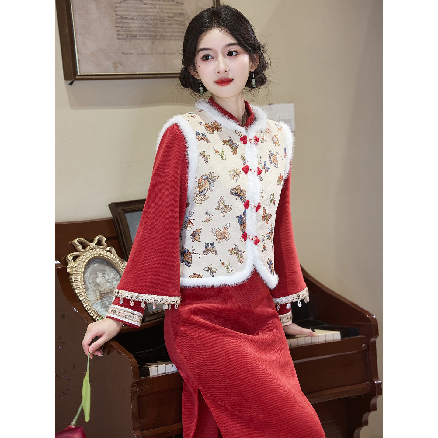 Women's Qipao Xiangling 香菱 Asian Thicken Dress Chinese Modern Hanfu Clothing Velvet Cheongsam Winter