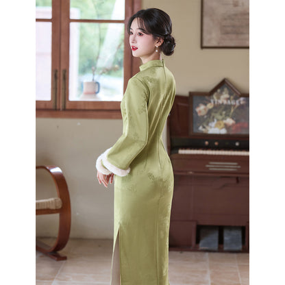 Women's Qipao Youqing 犹青 Asian Dress Chinese Thicken Modern Hanfu Clothing Velvet Cheongsam Winter Autumn