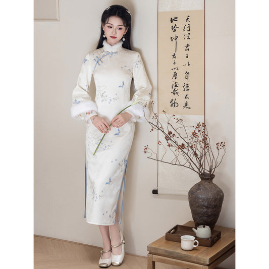 Women's Qipao Xiudie 绣蝶 Asian Thicken Dress Chinese Modern Hanfu Clothing Velvet Cheongsam Winter
