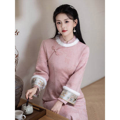 Women's Qipao Chayan 茶烟 Asian Thicken Dress Chinese Modern Hanfu Clothing Velvet Cheongsam Winter