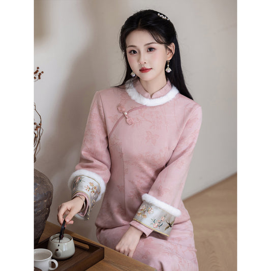 Women's Qipao Chayan 茶烟 Asian Thicken Dress Chinese Modern Hanfu Clothing Velvet Cheongsam Winter