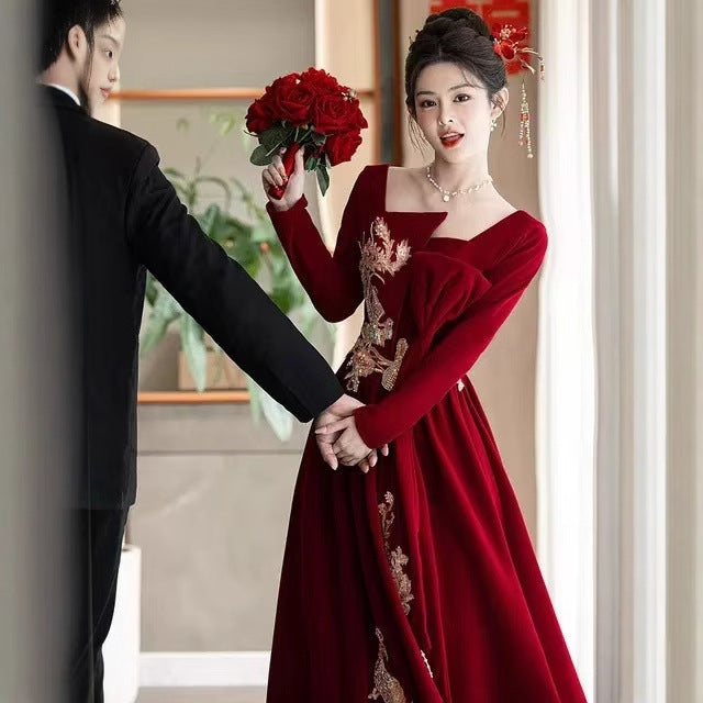 Chinese Wedding Clothes Xiafeng 霞凤 Women's Modern Gown Tea Ceremony Dress Hanfu