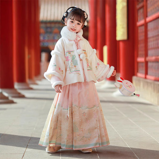 Ming Dynasty Girl's Mamian Skirt Yuanyou 园游 Children's Chinese Velvet Traditional Clothing Hanfu Suit