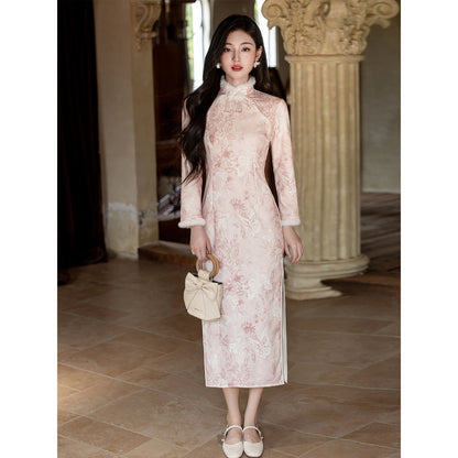 Women's Qipao Huadie 化蝶 Asian Thicken Dress Chinese Modern Hanfu Clothing Velvet Cheongsam Winter