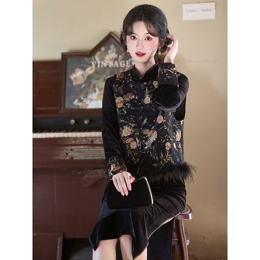 Women's Qipao Mobi 墨笔 Asian Thicken Dress Chinese Modern Hanfu Clothing Velvet Cheongsam Winter