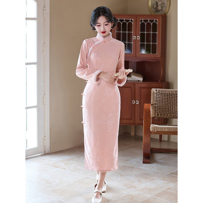 Women's Qipao Diefeiwu 蝶飞舞 Asian Dress Chinese Thicken Modern Hanfu Clothing Velvet Cheongsam