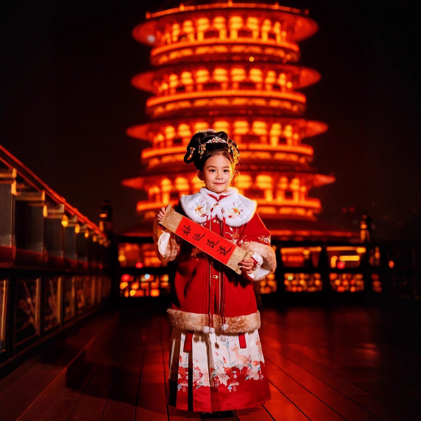 Ming Dynasty Girl's Mamian Skirt Yuanji 元吉 Children's Traditional Clothing Chinese Lunar New Year Velvet Hanfu Suit