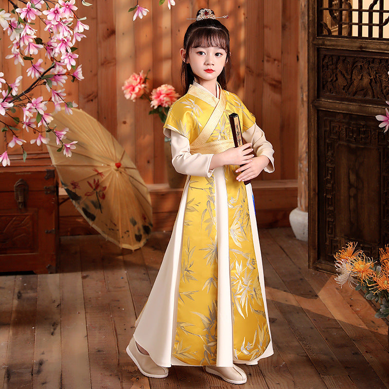 Children's Hanfu Huangzhu 黄竹 Chinese Traditional Scholar Clothing Suit Spring Autumn