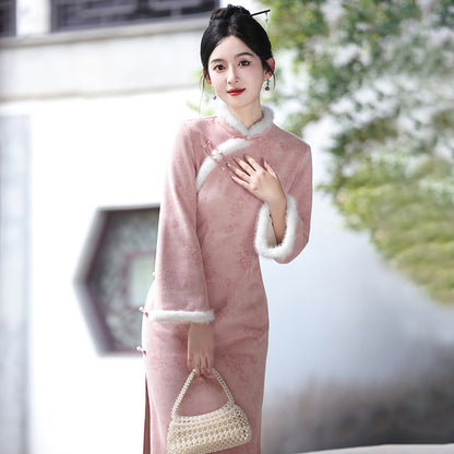 Women's Qipao Dongnuan 冬暖 Asian Thicken Dress Chinese Modern Hanfu Clothing Velvet Cheongsam Winter