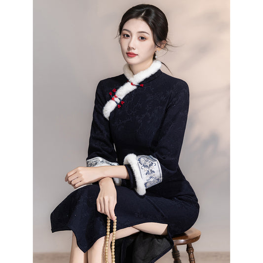 Women's Qipao Qinghua 青花 Asian Thicken Dress Chinese Modern Hanfu Clothing Velvet Cheongsam Winter