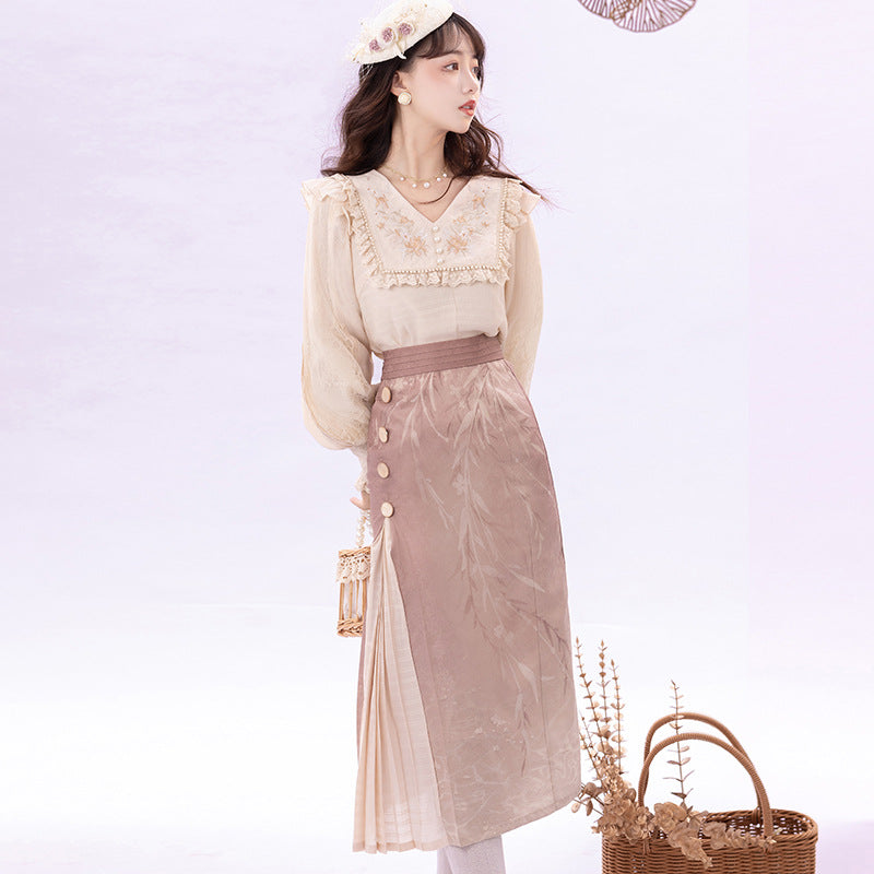 New Chinese Style Women's Clothing Zhu 竹 Pink Skirt Modern Hanfu Suit Spring Autumn