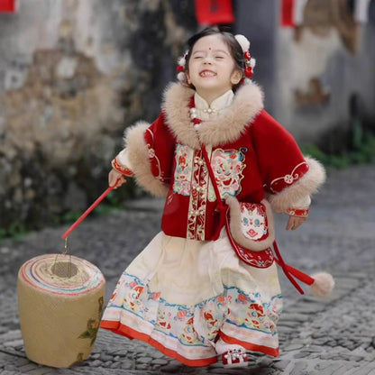 Ming Dynasty Girl's Mamian Skirt Jisui 吉岁 Children's Traditional Clothing Chinese Lunar New Year Velvet Hanfu Suit