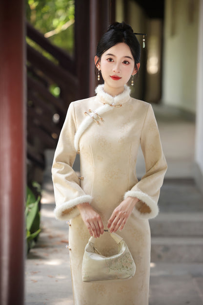Women's Qipao Dongnuan 冬暖 Asian Thicken Dress Chinese Modern Hanfu Clothing Velvet Cheongsam Winter