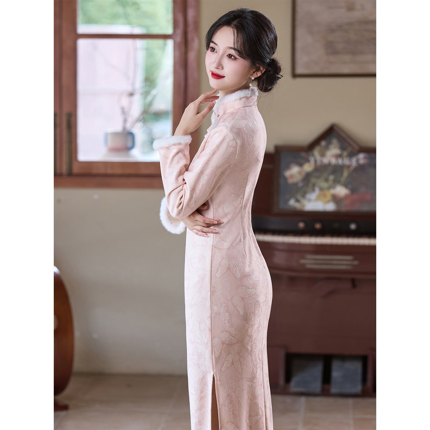 Women's Qipao Fendie 粉蝶 Asian Thicken Dress Chinese Modern Hanfu Clothing Velvet Cheongsam Winter