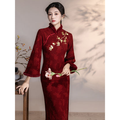 Women's Qipao Tianchangdijiu 天长地久 Asian Thicken Dress Chinese Modern Hanfu Clothing Velvet Cheongsam Winter