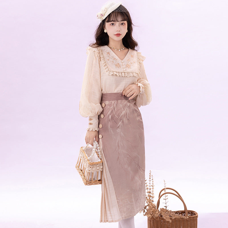 New Chinese Style Women's Clothing Zhu 竹 Pink Skirt Modern Hanfu Suit Spring Autumn