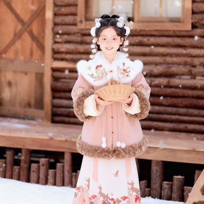 Ming Dynasty Girl's Mamian Skirt Yuanji 元吉 Children's Traditional Clothing Chinese Lunar New Year Velvet Hanfu Suit