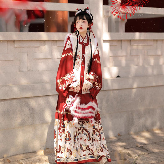 Ming Dynasty Mamian Clothing Futu 福兔 Women's Chinese Traditional Thicken Velvet Lunar New Year Hanfu Autumn Winter