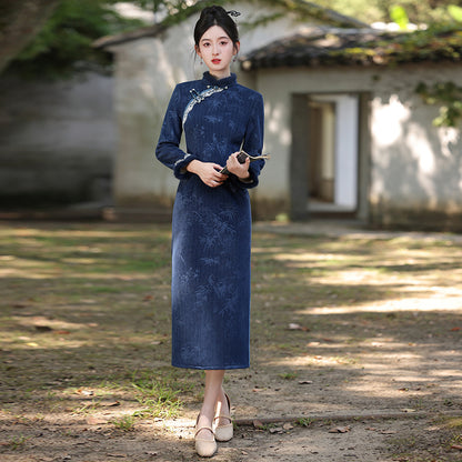 Women's Qipao Zhuniao 竹鸟 Asian Thicken Dress Chinese Modern Hanfu Clothing Velvet Cheongsam Winter