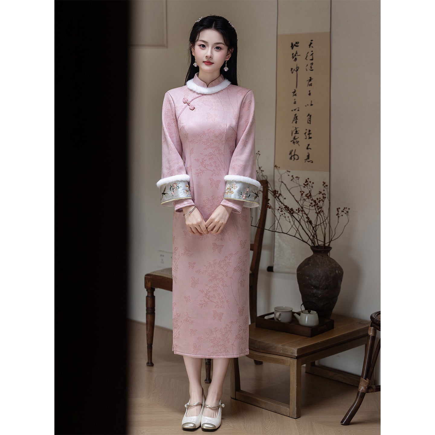 Women's Qipao Chayan 茶烟 Asian Thicken Dress Chinese Modern Hanfu Clothing Velvet Cheongsam Winter