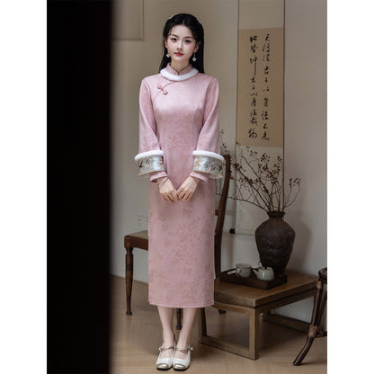 Women's Qipao Chayan 茶烟 Asian Thicken Dress Chinese Modern Hanfu Clothing Velvet Cheongsam Winter