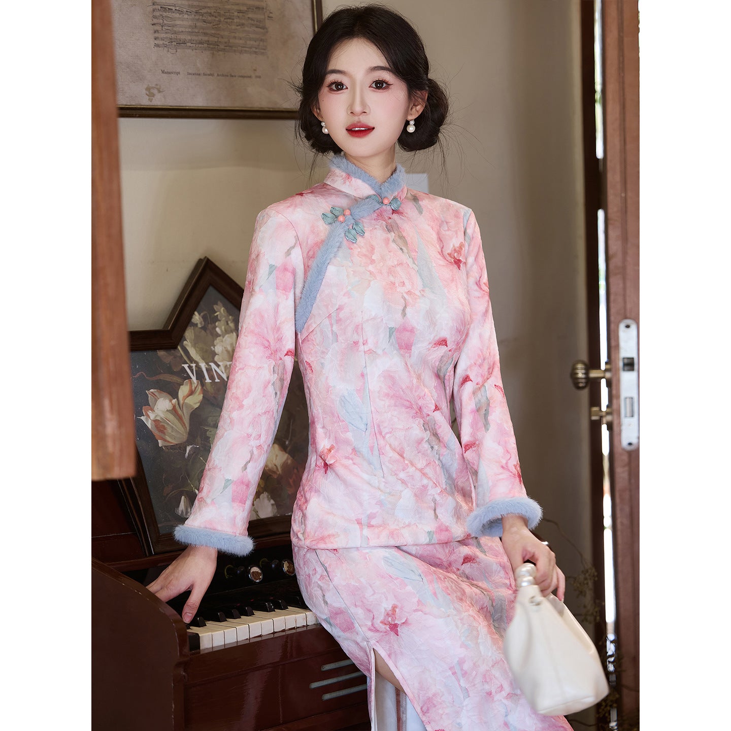 Women's Qipao Rose 玫瑰 Asian Thicken Dress Chinese Modern Hanfu Clothing Velvet Cheongsam Winter