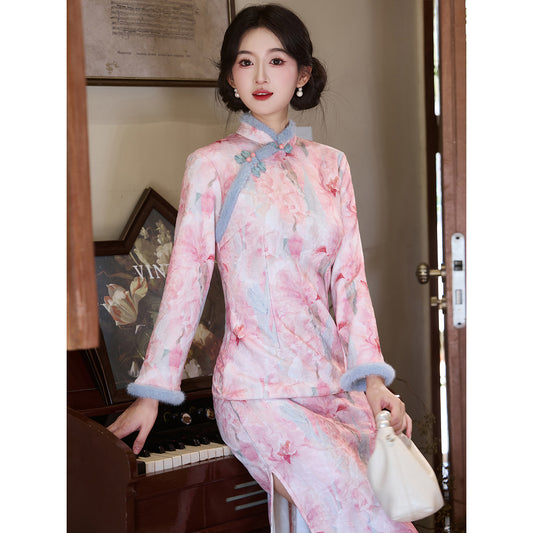 Women's Qipao Rose 玫瑰 Asian Thicken Dress Chinese Modern Hanfu Clothing Velvet Cheongsam Winter