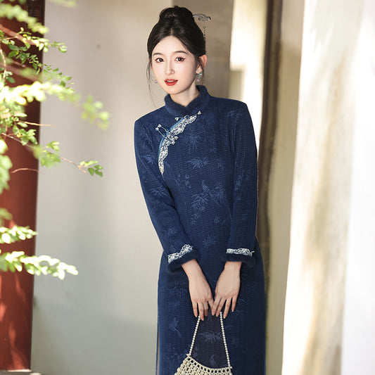 Women's Qipao Zhuniao 竹鸟 Asian Thicken Dress Chinese Modern Hanfu Clothing Velvet Cheongsam Winter